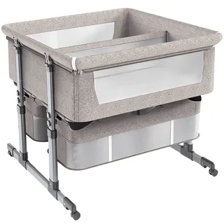 STRTG Zwillingsbett Für 2 Babys,Babybett Für Zwillinge,Stubenwagen Für Zwillinge,Zwillingsbett Next to Me,6-Fach Höhenverstellbar,Leicht Zusammenklappbares Schlafbett,Tragbares Babybett Khaki