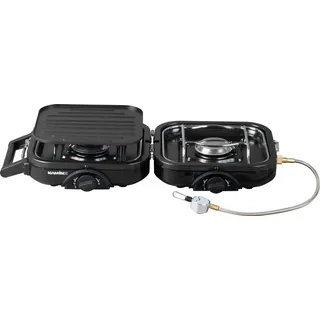 KaminX klappbarer Gaskocher (2-flammiger Gaskocher,1x Grillplatte, aus Edelstahl/Kunststoff/Kupfer, Schwarz) 240020