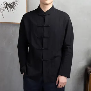 Chinesische Tang-Anzug-Uniformjacke, traditioneller Kung-Fu-Tai-Chi-Mantel, einfarbig, langärmelig, Größe XXL (Schwarz)