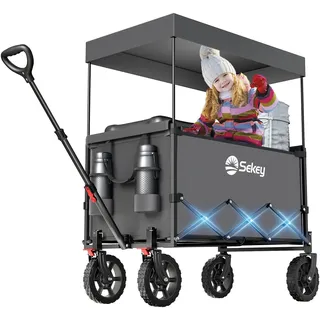 Sekey XXL Bollerwagen Faltbar Kinder 150L 150KG, Faltbarer Bollerwagen mit Dach Klappbarer Handwagen mit Sonnenschutz für Ausflug Strand Camping, S4018, Grau