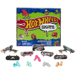 Hot Wheels Skate-Fingerboards 10er-Pack, Set aus 10 Finger-Skateboards mit 5 Paar abnehmbaren Skateboard-Schuhen im Hot Wheels Design, HTP59