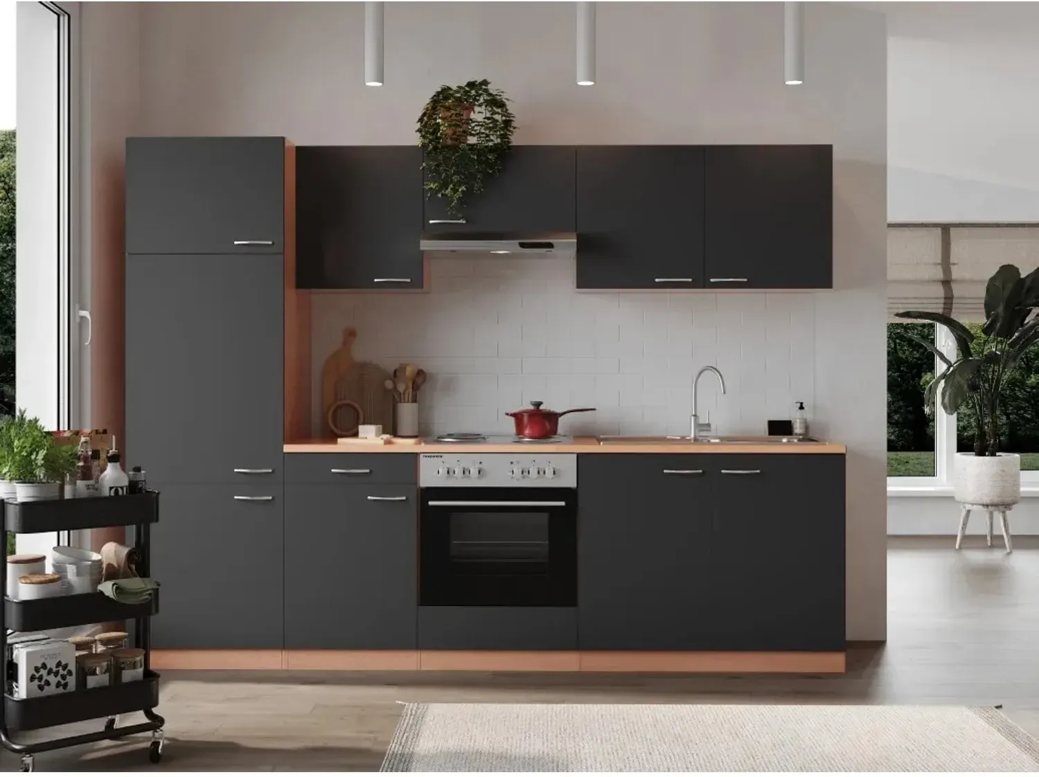 Respekta Küchenzeile Gerda 270 cm E-Geräte Edelstahlkochfeld grau/buche nachbildung