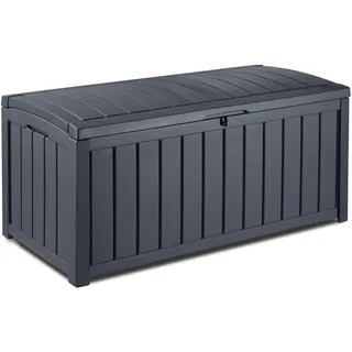 Keter Glenwood Kissenbox, Auflagenbox, 390 Liter Volumen, Wasserdicht, Graphit, Holzoptik, Sitzbank für 2 Erwachsene,134.5L x 74.5W 13.3H cm, Gartenbox, Grau