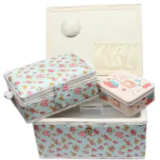 Ackermann Nähkorb-Set mit Tragegriff (1x groß und 1x mittel) + 1x kleine Accessoires-Box aus Metall (mit Zubehör), Marke Nähkorb, Korb (Blumenmuster (rot))