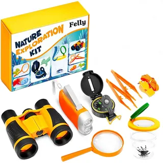 Kinder Fernglas Spielzeug Set, Felly 10 Stück Draussen Forscherset für Kinder, Spielzeug ab 3 4 5 6 7 8 + Jahre mit Bug Catcher Pinzette Insect Viewer Kompass Lupe für Camping und Outdoor-Sport
