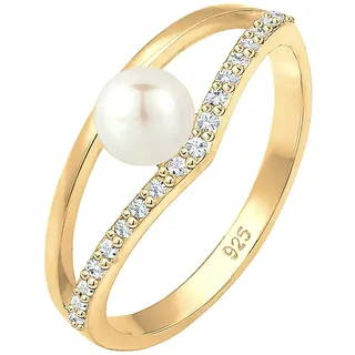 Elli Ring Damen Elegant Süßwasserzuchtperle mit Kristalle in 925 Sterling Silber vergoldet