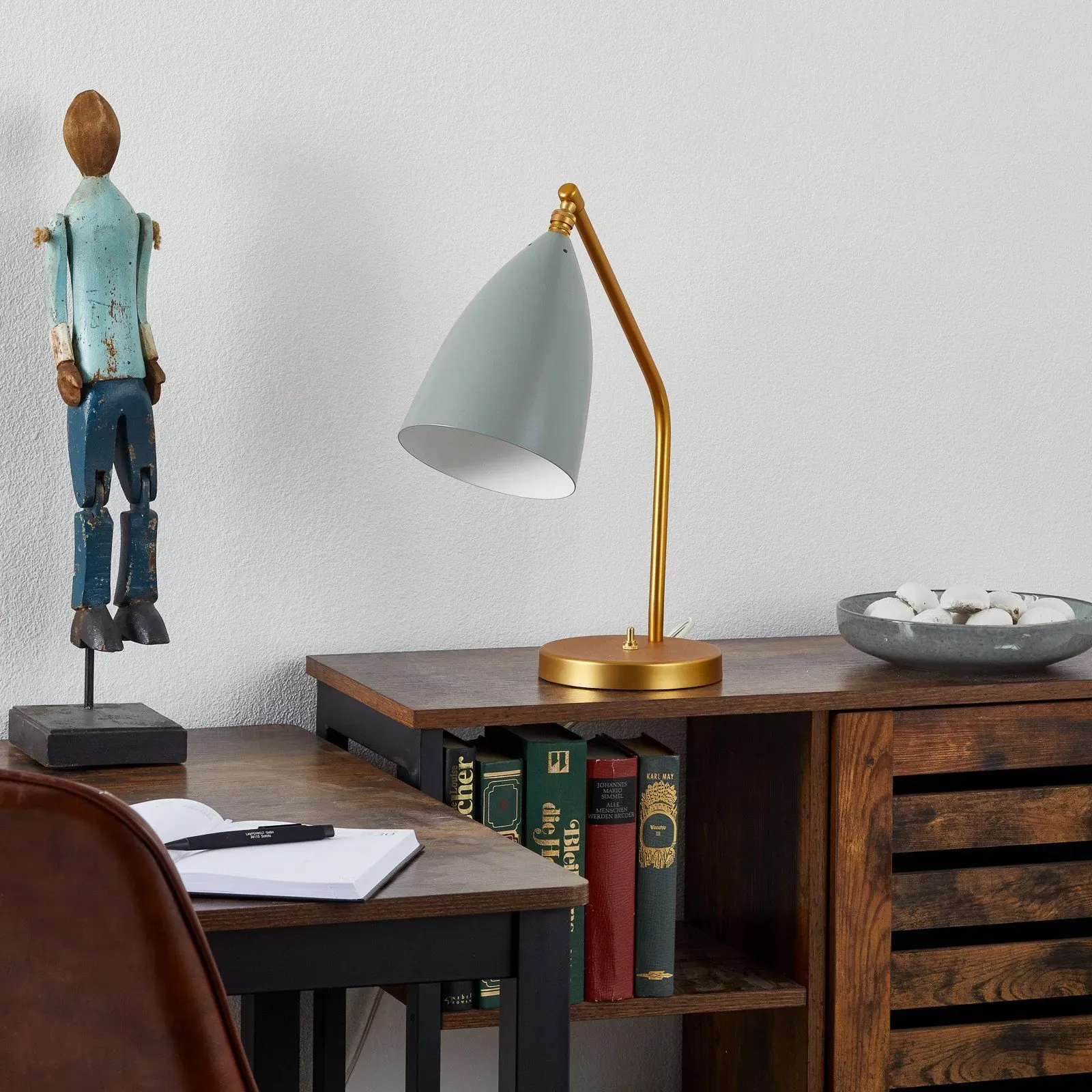 Tischleuchte GUBI, Gräshoppa, Blau, für Wohnzimmer, Metall, Design - 41.2