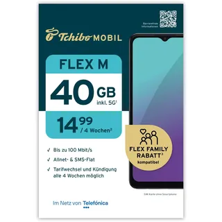 Tchibo MOBIL Flex M SIM-Karte | 40 GB Datenvolumen + Allnet- & SMS-Flat | Surfen mit LTE/5G | Nur 14,99 € alle 4 Wochen | Ohne Lange Vertragsbindung | EU-weites Roaming