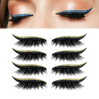 4 Paar Lazy Eyeshadow Wimpernpatch,Wimpern Ohne Kleber,Wimpern zum Kleben,Glitzer-Lidschatten-Aufkleber,Lazy Eye Shadow Eyelash Patch,Colorful Eyeshadow and Lash Sticker (Gold)