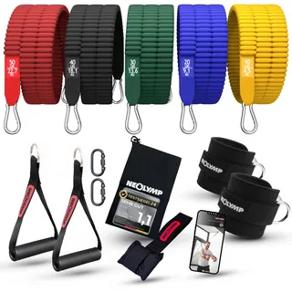 NEOLYMP Premium Resistance Bands Set mit E-Book - Fitnessbänder Expander Set mit 5 Stärken, Türanker, Griffen & Fußschlaufen - Widerstandsbänder Gymnastikband für Ganzkörper-Workout