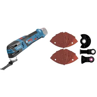 Bosch Professional 12V System Akku Multi-Cutter GOP 12V-28 (Starlock-Werkzeugaufnahme, im Karton) + 13tlg. Starlock Universal-Set (für Holz, Metall und Farbe, Sägen, Schleifen, und Schaben)