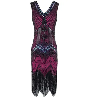 MIMIKRY 20er Jahre Charleston Pailletten Kleid Pink/Schwarz/Multicolor Fransen Flapper Damen-Kostüm, Größe:XXL - XXL