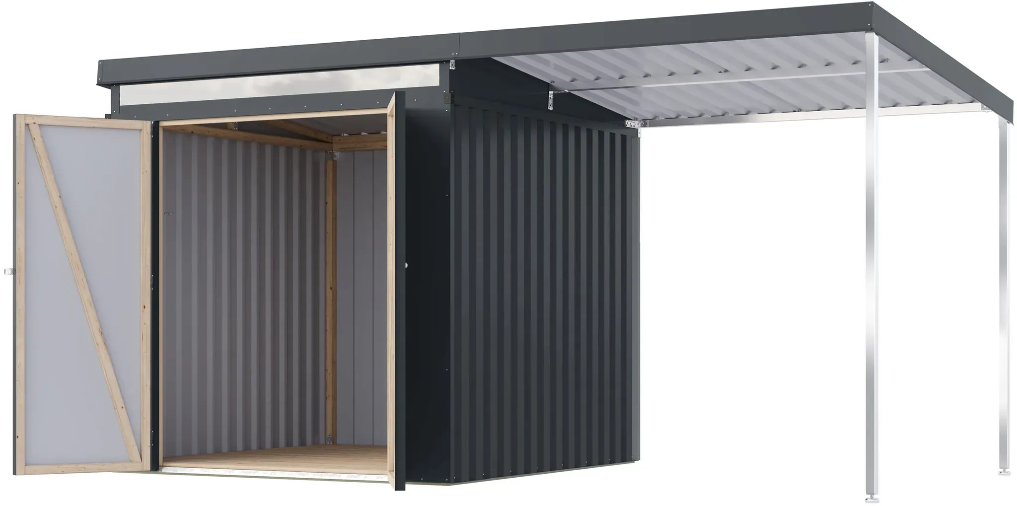 Karibu Metall-Gerätehaus »Anuke 2« mit 2-m-Anbaudach - 414x209x213cm - anthrazit - Blech / Polyester / Holz