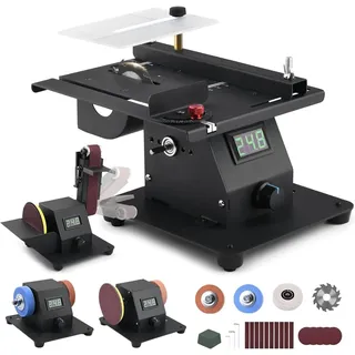 XIIW 4-IN-1 Mini Tischkreissäge mit LED-Voltanzeige, 0-90° Verstellbarer Bandschleifer mit 10 Schleifbänder, Doppelschleifmaschine,