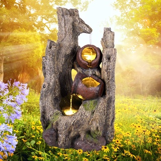 Gartenbrunnen Brunnen Zierbrunnen Zimmerbrunnen Springbrunnen Brunnen WALDSCHATZ mit LED-Licht Wasserfall Wasserspiel für Garten 230V