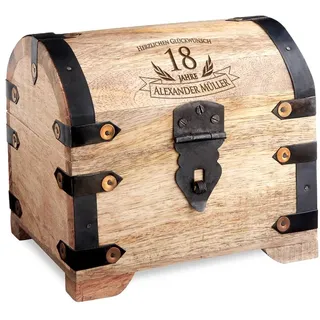 Casa Vivente Schatztruhe mit Gravur zum 18. Geburtstag, Personalisiert mit Namen, Aufbewahrungsbox helles Holz, Verpackung für Geld und Gutscheine, Schatzkiste zur Volljährigkeit