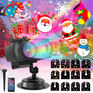 Weihnachtsdeko Projektor Outdoor, 2-in-1 Hologramm Projektor mit 12 Folien 8 Mustern 10 Farben Welleneffekt, Wasserdicht Projektionslampe mit Timer für Weihnachten Fensterdekor