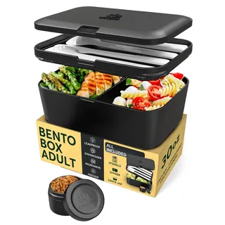 Umami Lunchbox Erwachsene, Verschachtelbar Auslaufsichere Bento Box mit 4 Bestecke & Fächern, Brotdose Erwachsene, Salatbehälter To-Go, Lunch Box für Picknick/Büro, Onyx Schwarz, 900 ml