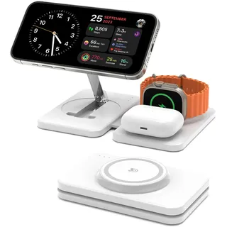 GEEKERA Magnetisches Ladegerät, 3 in 1 Ladestation für Apple Watch und iPhone Air/17/16/15/14/13/12/Pro Max, Induktive Ladegerät für iWatch 2-Ultra3, Faltbare Charger Stand für AirPods 2-Pro3, Weiß