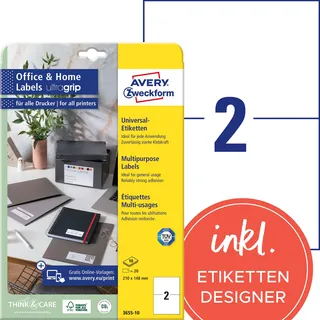 Avery Zweckform 3655-10 Universal-Etiketten 210 x 148 mm Papier Weiß 20 St. Permanent haftend Tintenstrahldrucker, Laserdrucker,