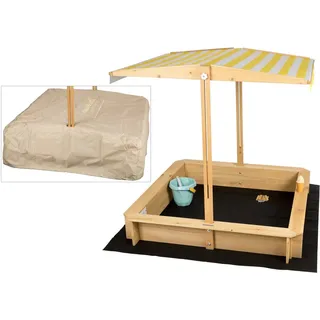 needs&wants needs&wants® Sandkasten mit Dach Sitzbank Boden Vlies-Folie, mit Abdeckung Oxford 600D, Sandkiste Holz rechteckig mit Bänken Outdoor Spielzeug, Sandkästen - 2 Jahre Gewährleistung - mind. 14 Tage Rückgaberecht - Gelb