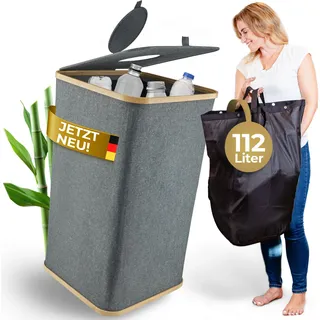 almagi [112 L] XXL Pfandflaschen Sammelbehälter Recycling Behälter, wasserfeste Innentasche, stabiler Bambusrahmen.