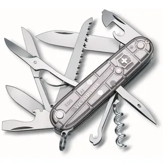 Huntsman, Multitool, Swiss Army Knife mit 15 Funktionen, Klinge, Korkenzieher, Dosenöffner, Silber Transparent