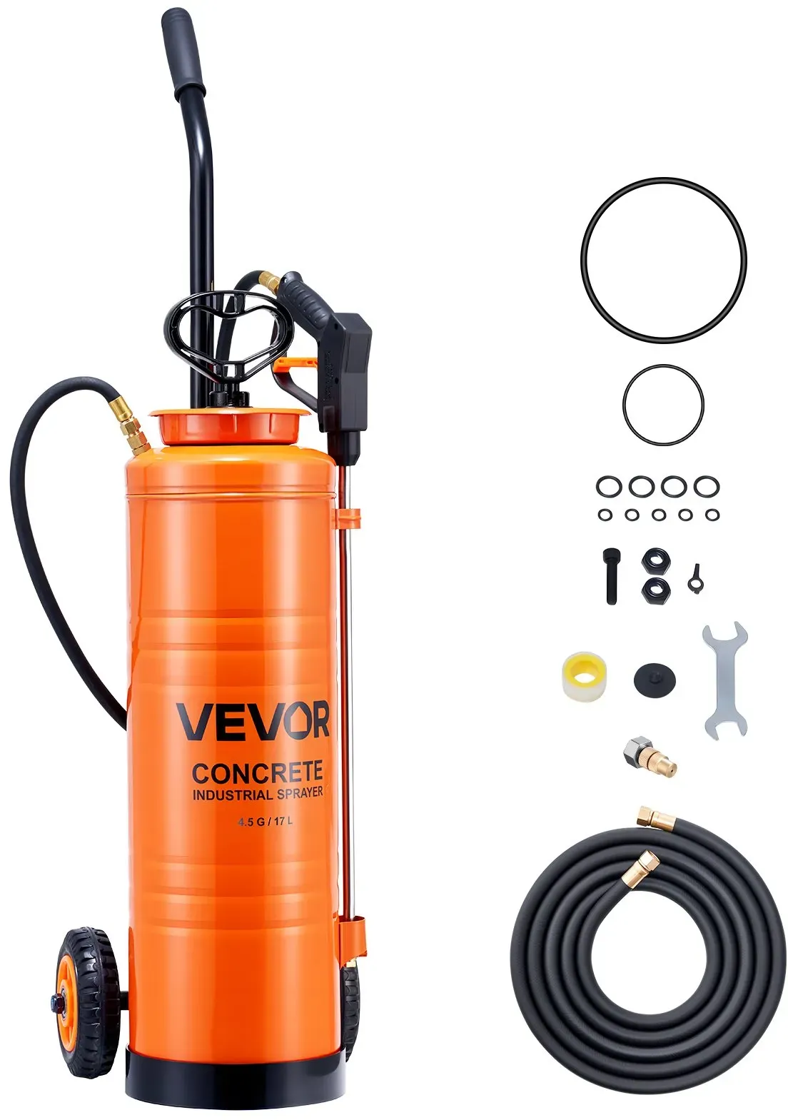 VEVOR Hochleistungssprühgerät Industriell 17 L Drucksprüher Edelstahl 1,7-4,1 Bar, Drucksprühgerät mit Rollen 2 Wechseldüsen Pistolengriff 1,2 & 3 m Schlauch, Sprühgerät für Schalöl & Bauarbeiten