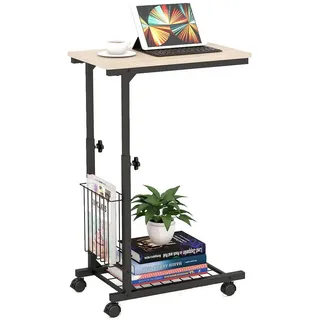 COSTWAY Laptoptisch, höhenverstellbar mit Rollen&Aufbewahrungskorb, fürs Bett beige