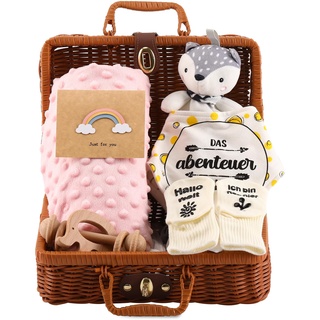 Baby Geschenk Mädchen, Neugeborenen Geschenk,Rodelna Baby Geschenkset, Baby geschenkkorb 7 in 1 Set - mit Decke, Schmusebeißtuch, Holzrassel mit Elefantenanhänger, Lätzchen, Socken, Souvenir-Box