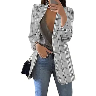 Soulolo Blazer Damen Elegant Damenjacke Longblazer Business Lang Jacke Slim Jacke Mantel Damen Cardigan Anzüge Bedruckter Anzug - M