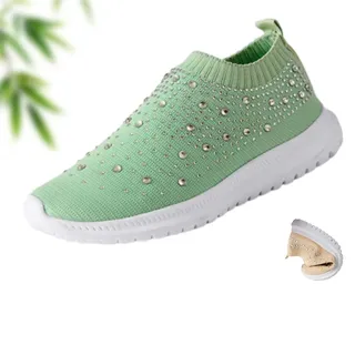 Damen Kristallschuhe, atmungsaktiv, orthopädische Schlupfschuhe, orthopädische Sneaker, Strassschuhe, glitzernde Turnschuhe, Glitzer, Turnschuhe (Grün, 40 EU) - 40 EU
