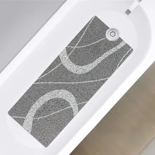 Mavicen Duschmatte rutschfest, 40x100cm Weiche PVC-Luffa Badewannenmatte mit Ablauföffnung, Sichere Massage Duschmatten Fuer senioren, Schnell trocknende Badematte, Graye Linien