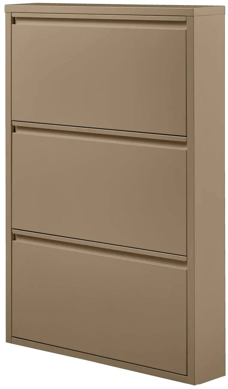 Schuhschrank Sabine aus Metall, modernes Design, sandfarben, drei Fächer, platzsparend