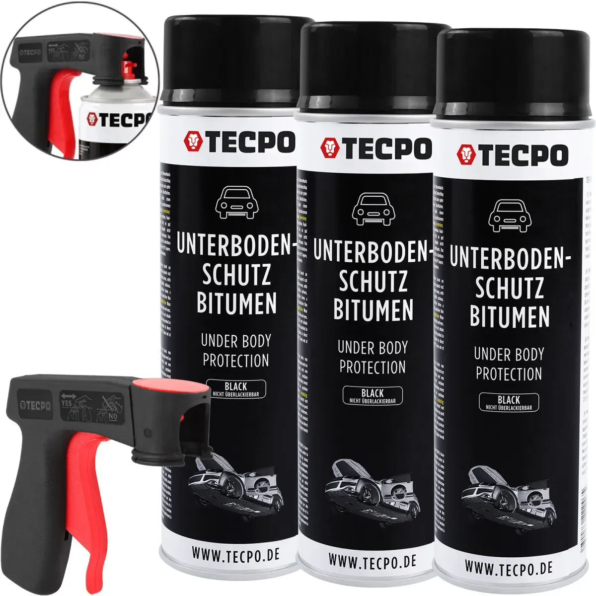 3x TECPO Unterbodenschutz Bitumen schwarz, 500 ml + Pistolengriff