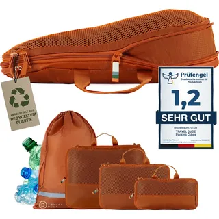 Travel Dude Packwürfel Set mit Kompression aus recycelten Plastikflaschen | Leichte Packing Cubes | Packtaschen Set (Burnt Orange, 4-teilig) - Orange