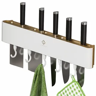 Wand Messerhalter,Selbstklebender Küchenmesserhalter mit 5 Haken,Wandmontiertes Messerregal,Platzsparender Messerhalter Küchenorganizer,für Küchenmesser & Werkzeuge Requisiten(Ohne Messer) (Weiß)