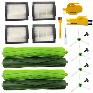 aotengou Zubehör für iRobot Roomba i3 i7+ i3+ i7 i1 j7 j7+ i4+ i6+ E5 E6 E7 Roboter-Staubsauger Ersatzteile 2er-Set Gummibürsten, 4 Hepa-Filter, 4 Seitenbürsten