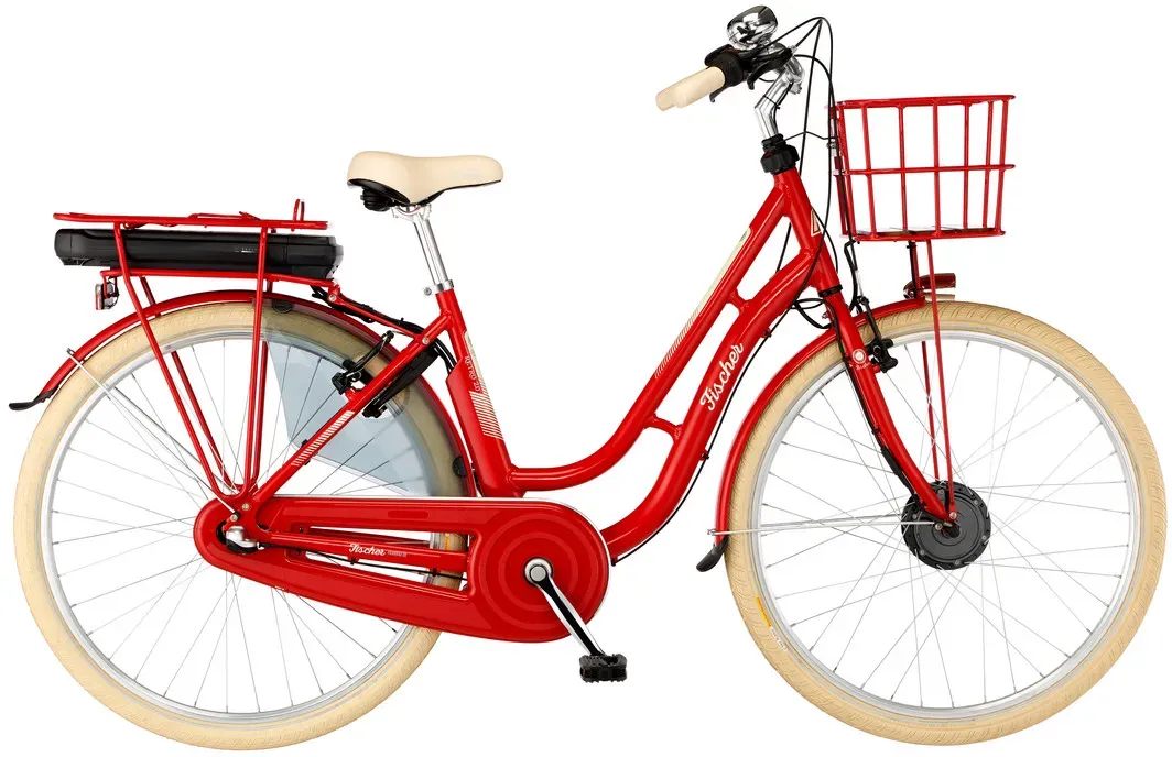 FISCHER E-Bike City CITA RETRO 2.0, Elektrofahrrad f&uuml;r Damen und Herren, RH 48 cm, Frontmotor 32 Nm, 36 V Akku, rot gl&auml;nzend