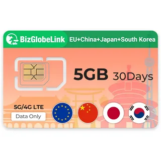 EIOTCLUB Prepaid SIM für Reisen, BizGlobeLink SIM-Karte Internationale Nutzung in China, Japan und Südkorea, nur Daten, 5G/4G LTE, ohne Vertrag, nachfüllbar, für Handys, WLAN-Router & Tablets