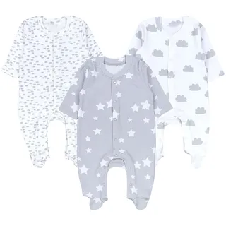 TupTam Baby Jungen Schlafstrampler mit Fuß 3er Pack, Farbe: Weiß grau wolken sterne punkte), Größe: 74 - 74