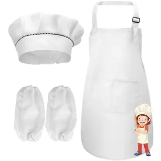 Kinder Schürze Kochmütze und Ärmel Set, Verstellbare Weiß Kinderschürze Mädchen/Jungen mit Taschen, Ideal Kinderschürzen Kochschürze Kochmütze Kostüm für Küche Kochen Backen Malerei (4-13 Jahre) - L