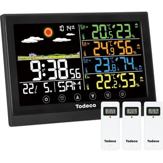 Todeco Wetterstation Funk 3 Außensensor Groß Farbdisplay