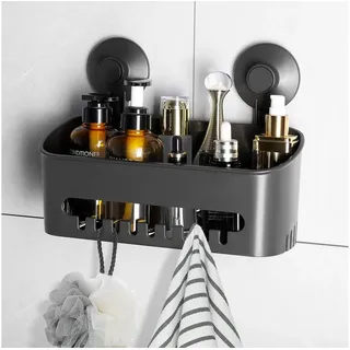 Elegear Duschablage (30X13cm) Dusch Ablage Ohne Bohren mit stark Saugnapf, 1-tlg., 1-tlg., 30*13cm, Mit 8 Haken, Geeignet für Bäder, Küchen und Balkone grau