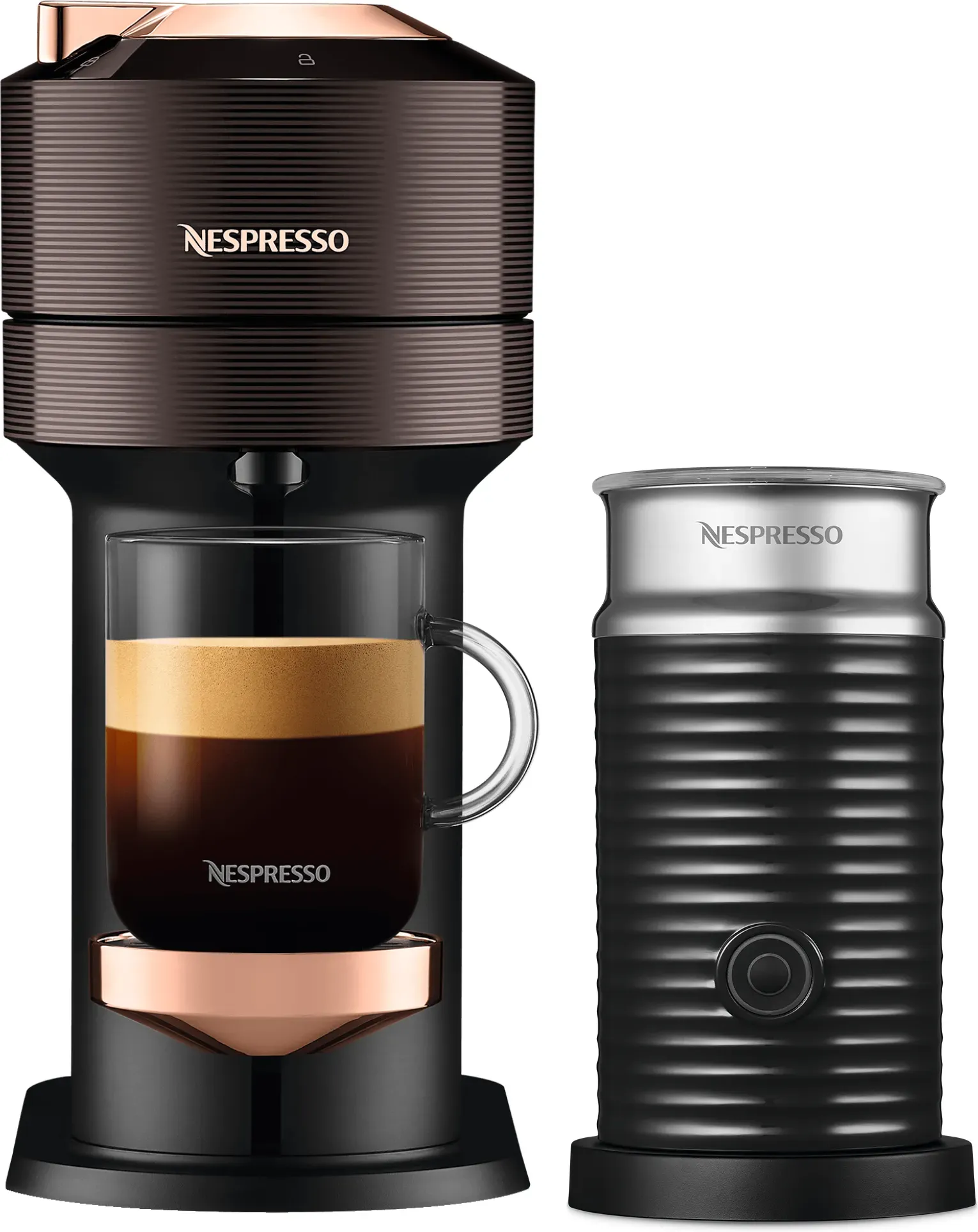 Nespresso VERTUO Next Premium Rich Brown + Aeroccino 3 schwarz Vertuo Kaffeemaschine