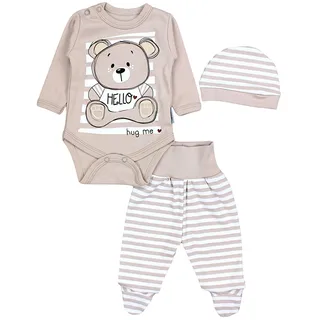 TupTam Baby Mädchen Jungen Bekleidungsset Langarmbody Hose Mütze mit Aufdruck Spruch 3 teilig, Farbe: Teddybär beige), Größe: 62 - 62