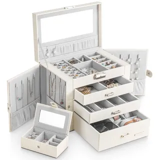 Yorbay Schmuckschatulle, groß, abschließbar, mit Spiegel, 4 Etagen, 3 Schubladen, Samtfutter mit tragbarer Reisebox, für Ohrringe, Halsketten, Armbänder, Uhren, Brillen