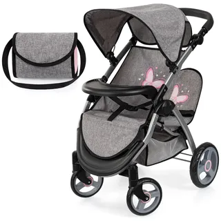 Bayer Design 39433AA Zwillingspuppenwagen, Puppenwagen, Geschwisterwagen, höhenverstellbar, klappbar, Tasche, Jeans-grau, Rosa, 60x41x68 cm