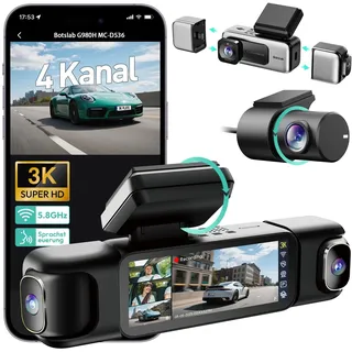 BOTSLAB 4 Kanal Dashcam Auto Vorne Hinten Innen, 4 Channel 3K+3 * 1080P, Autokamera, GPS 5GHz WiFi,Super Nachtsicht,WDR,3.18" IPS-Bildschirm,G-Sensor,Loop-Aufnahme,Parküberwachung