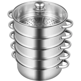 BAOCHADA Dampfkocher, 5-Lagiger Mantowarka Induktion Dampfgarer Edelstahl Schongarer Gardampftopf mit Glasdeckel, Gardampftopf für Küche Alle Herdarten Geeignet (26cm)